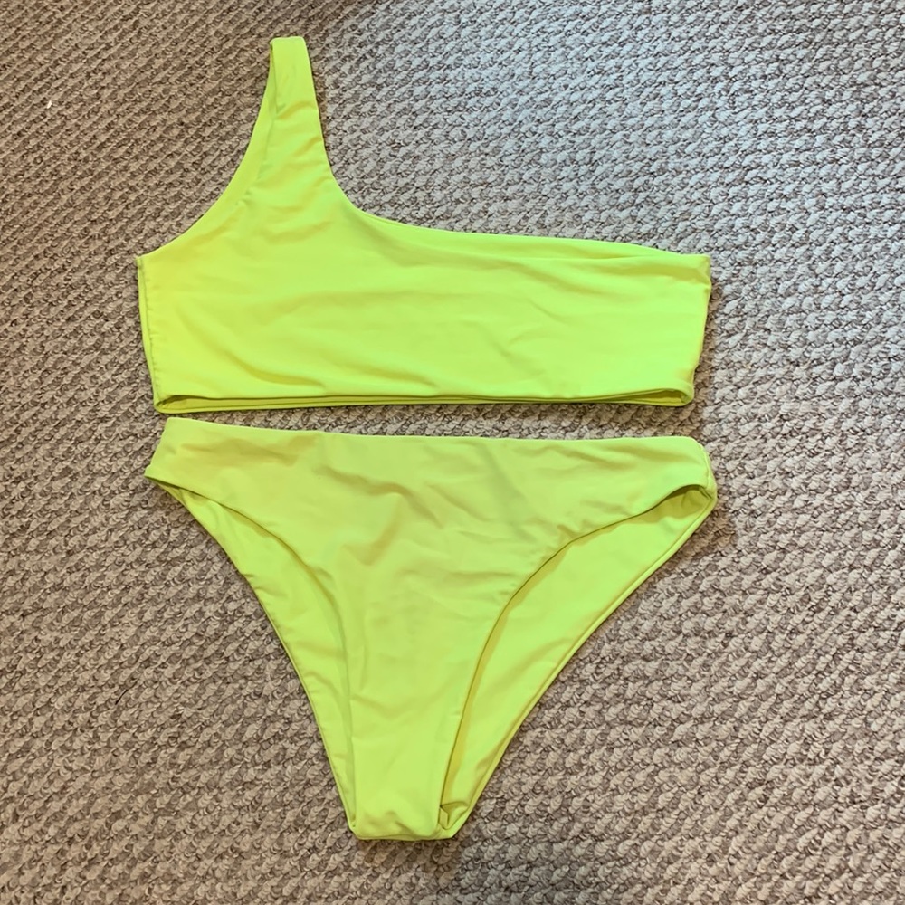 Shein neon yellow bikini with one shoulder top